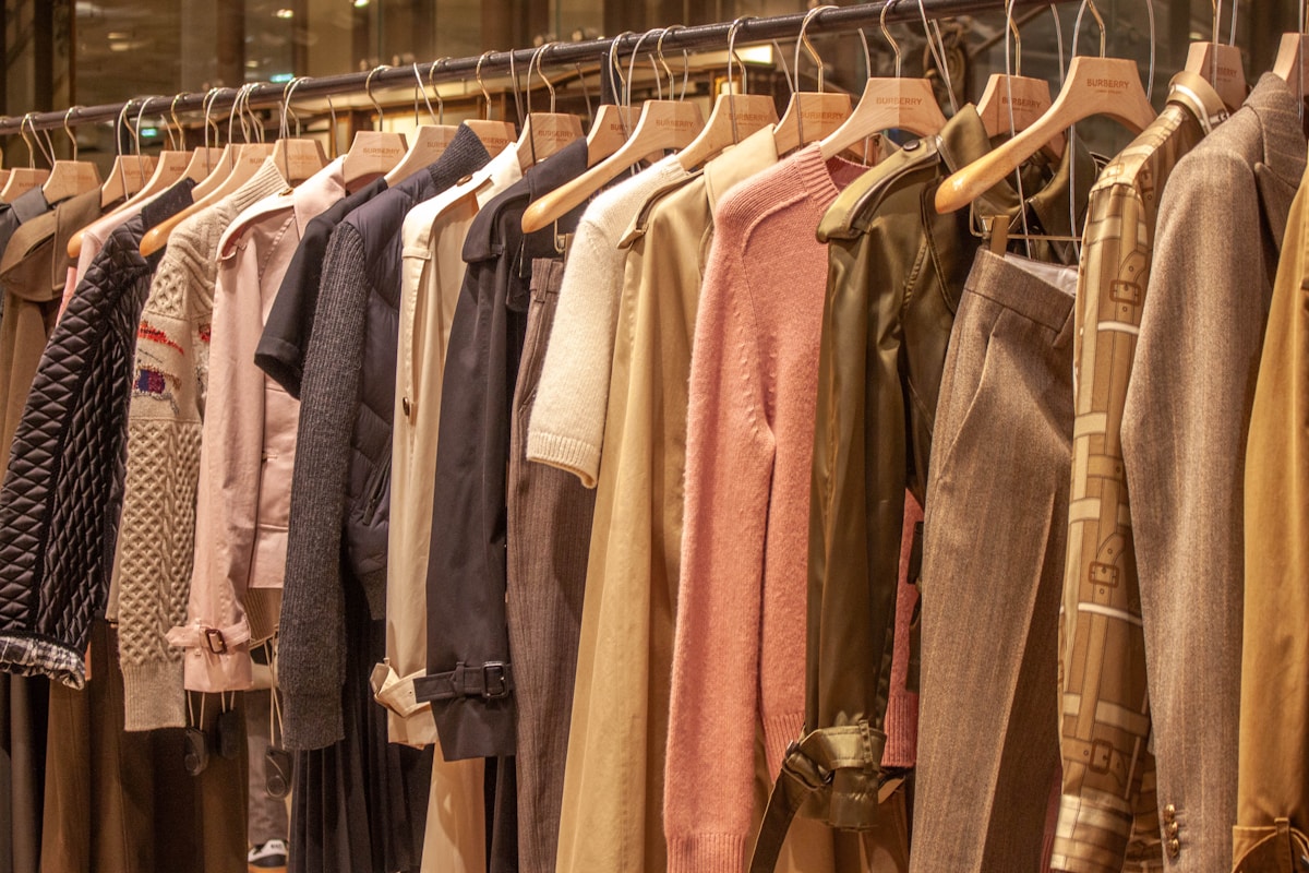 Folded clothing on shelves in a wholesale showroom